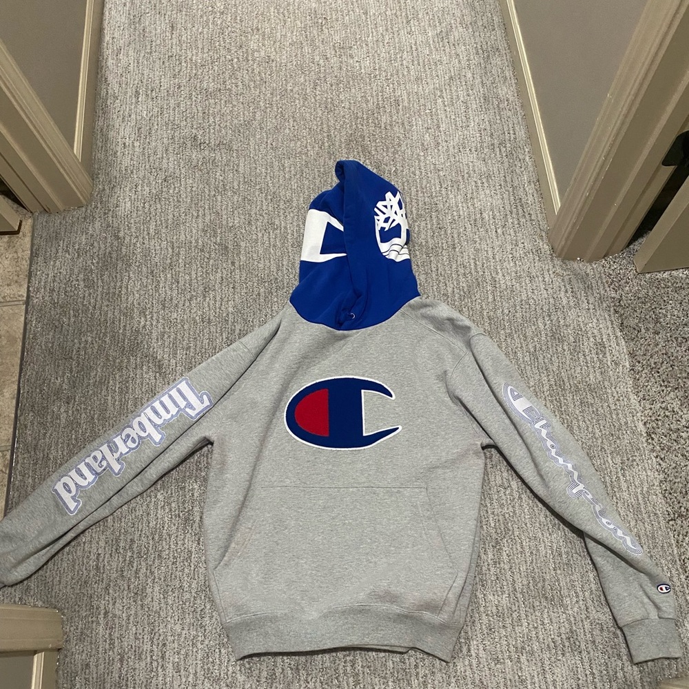 Champion x Timberland Gray Hoodie with Blue Hood